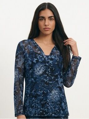 ✨ Blue Patterned Women's Long Sleeve Top | Mesh | Y2K | Womens | Large